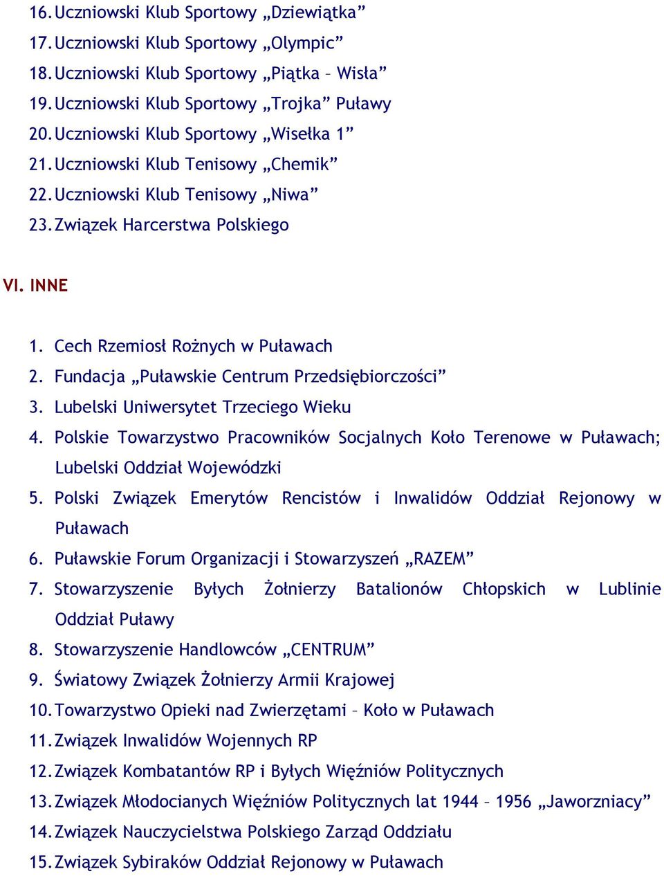 Fundacja Puławskie Centrum Przedsiębiorczości 3. Lubelski Uniwersytet Trzeciego Wieku 4. Polskie Towarzystwo Pracowników Socjalnych Koło Terenowe w Puławach; Lubelski Oddział Wojewódzki 5.