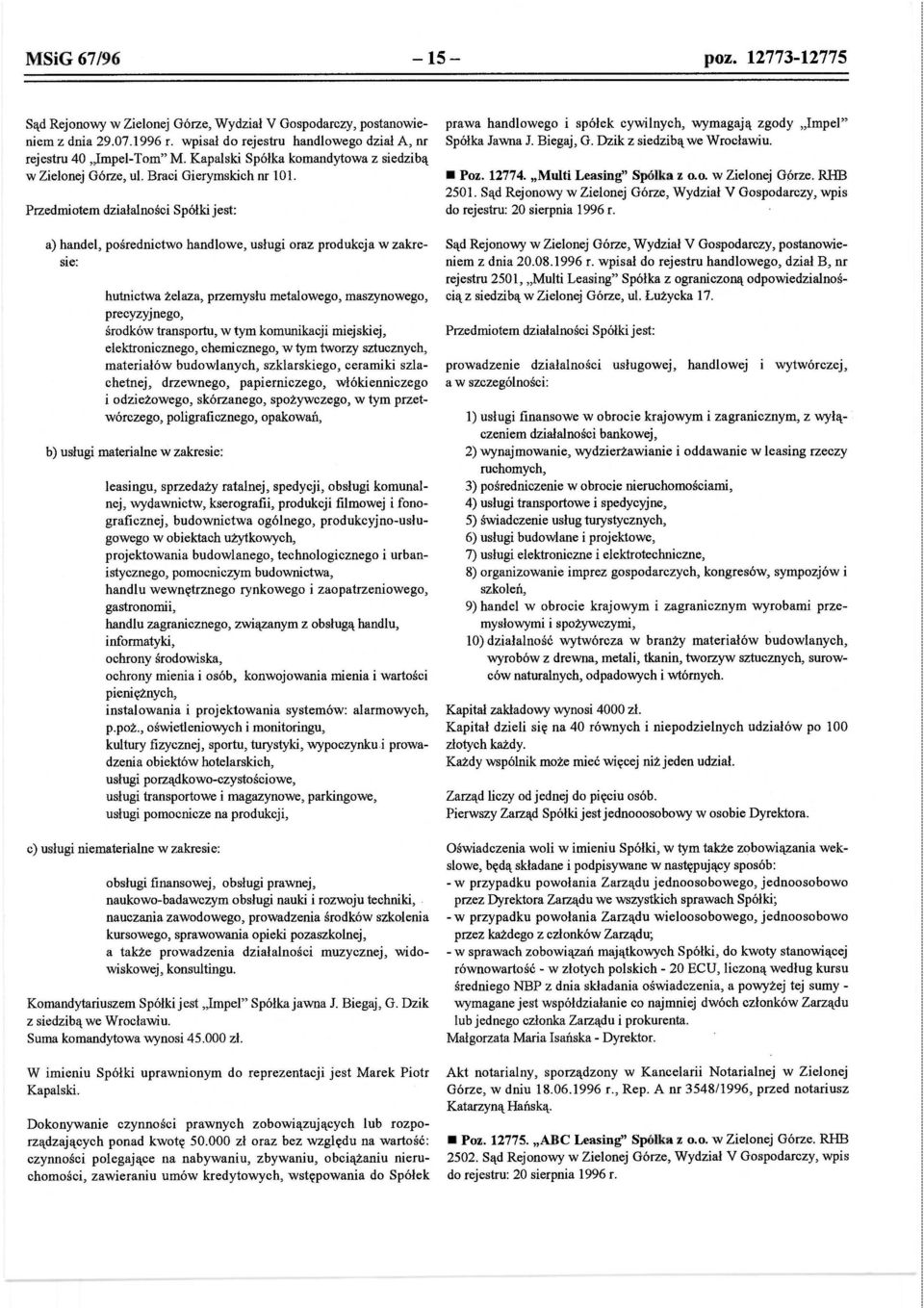 Dzik z siedzibą we Wrocławiu. Poz. 12774. "Multi Leasing" Spółka z o. o. w Zielonej Górze. RHB 2501. Sąd Rejonowy w Zielonej Górze, Wydział V Gospodarczy, wpis do rejestru: 20 sierpnia 1996 r.