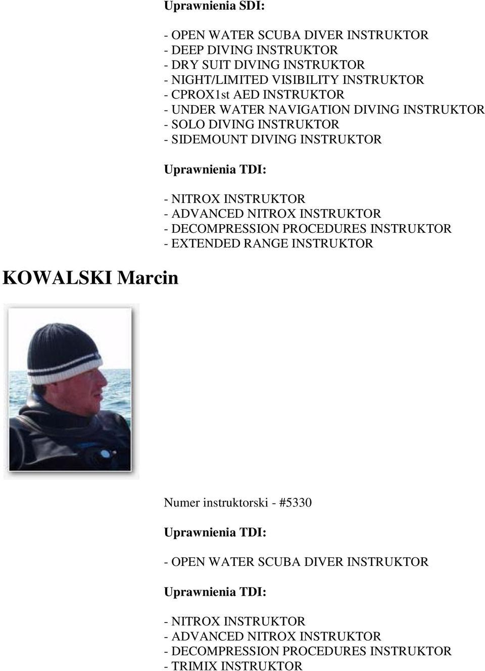 DECOMPRESSION PROCEDURES INSTRUKTOR - EXTENDED RANGE INSTRUKTOR Numer instruktorski -