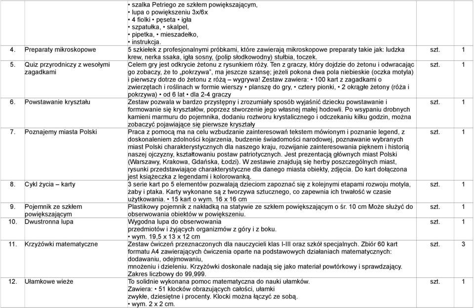 Preparaty mikroskopowe 5 szkiełek z profesjonalnymi próbkami, które zawierają mikroskopowe preparaty takie jak: ludzka krew, nerka ssaka, igła sosny, (polip słodkowodny) stułbia, toczek. 5. Quiz przyrodniczy z wesołymi zagadkami Celem gry jest odkrycie żetonu z rysunkiem róży.