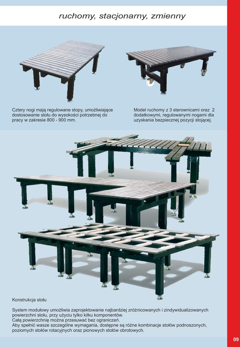 Konstrukcja stołu System modułowy umożliwia zaprojektowanie najbardziej zróżnicowanych i zindywidualizowanych powierzchni stołu, przy użyciu tylko kilku