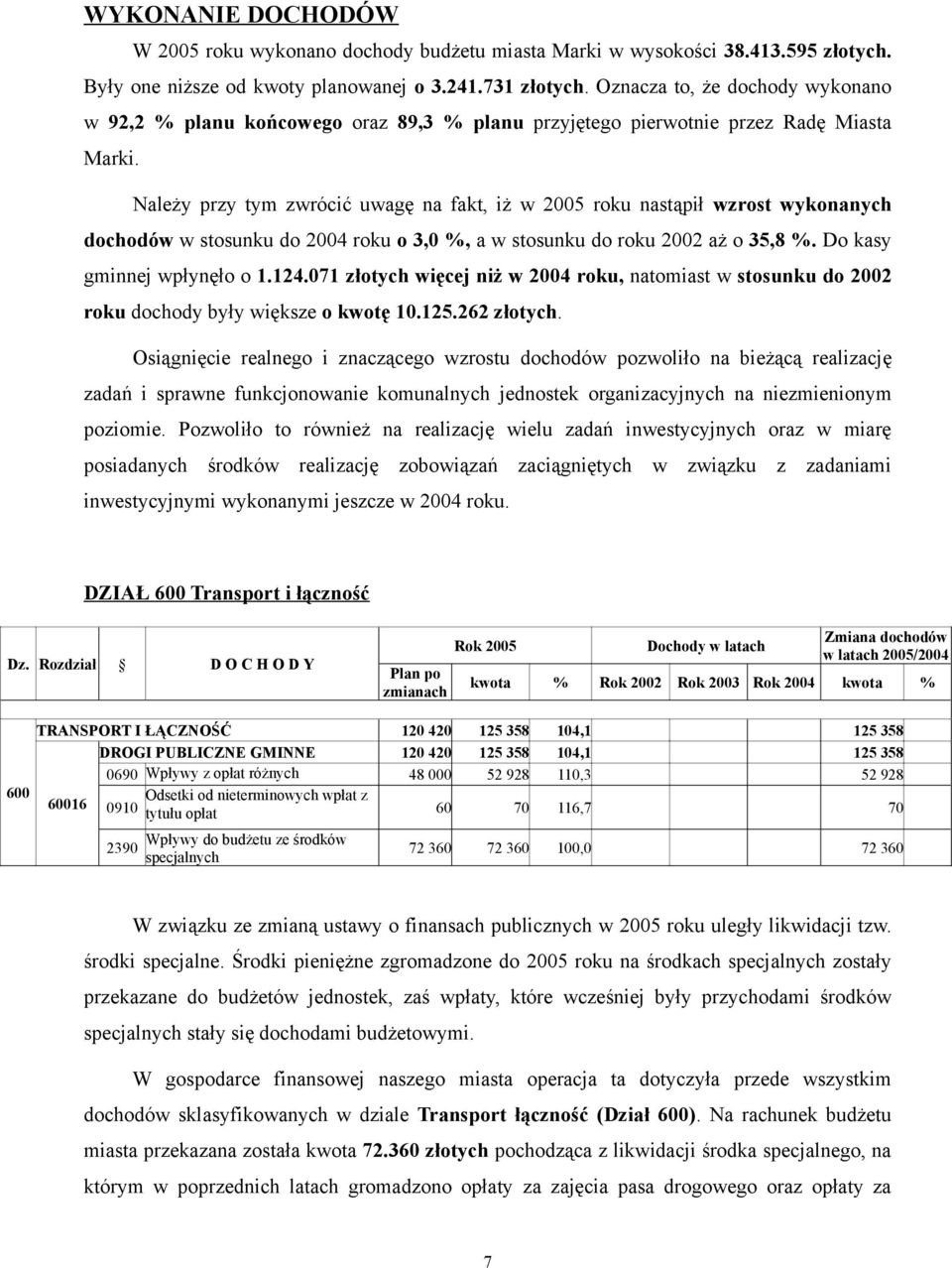 Należy przy tym zwrócić uwagę na fakt, iż w 2005 roku nastąpił wzrost wykonanych dochodów w stosunku do 2004 roku o 3,0 %, a w stosunku do roku 2002 aż o 35,8 %. Do kasy gminnej wpłynęło o 1.124.