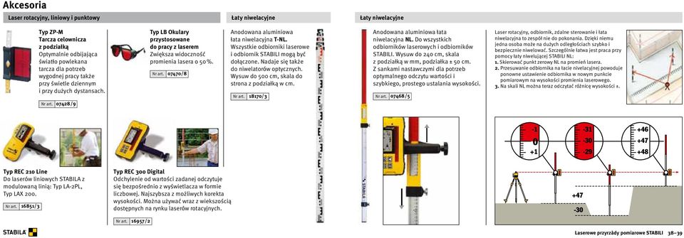 Wszystkie odbiorniki laserowe i odbiornik STABILI mogą być dołączone. Nadaje się także do niwelatorów optycznych. Wysuw do 500 cm, skala do strona z podziałką w cm. Nr art.