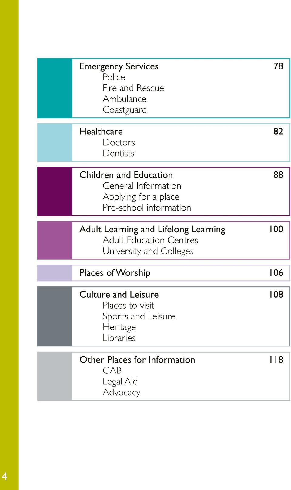 Lifelong Learning 100 Adult Education Centres University and Colleges Places of Worship 106 Culture and