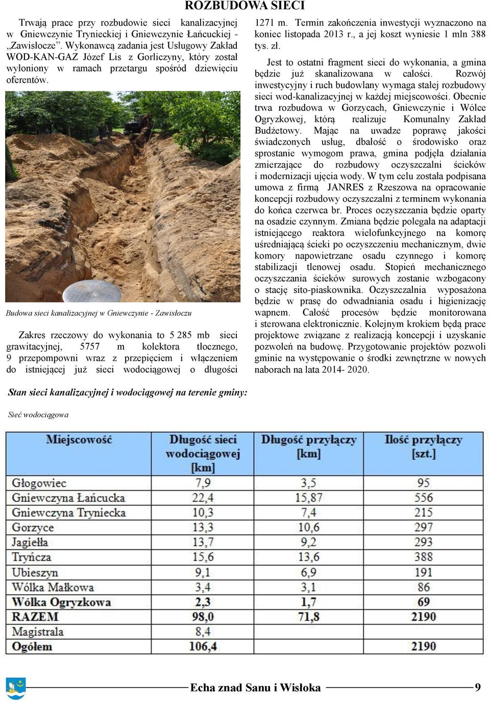 Budowa sieci kanalizacyjnej w Gniewczynie - Zawisłoczu Zakres rzeczowy do wykonania to 5 285 mb sieci grawitacyjnej, 5757 m kolektora tłocznego, 9 przepompowni wraz z przepięciem i włączeniem do