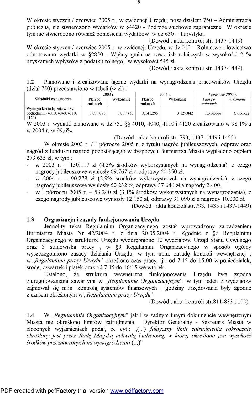 010 Rolnictwo i łowiectwo odnotowano wydatki w 2850 - Wpłaty gmin na rzecz izb rolniczych w wysokości 2 % uzyskanych wpływów z podatku rolnego, w wysokości 545 zł. (Dowód : akta kontroli str.