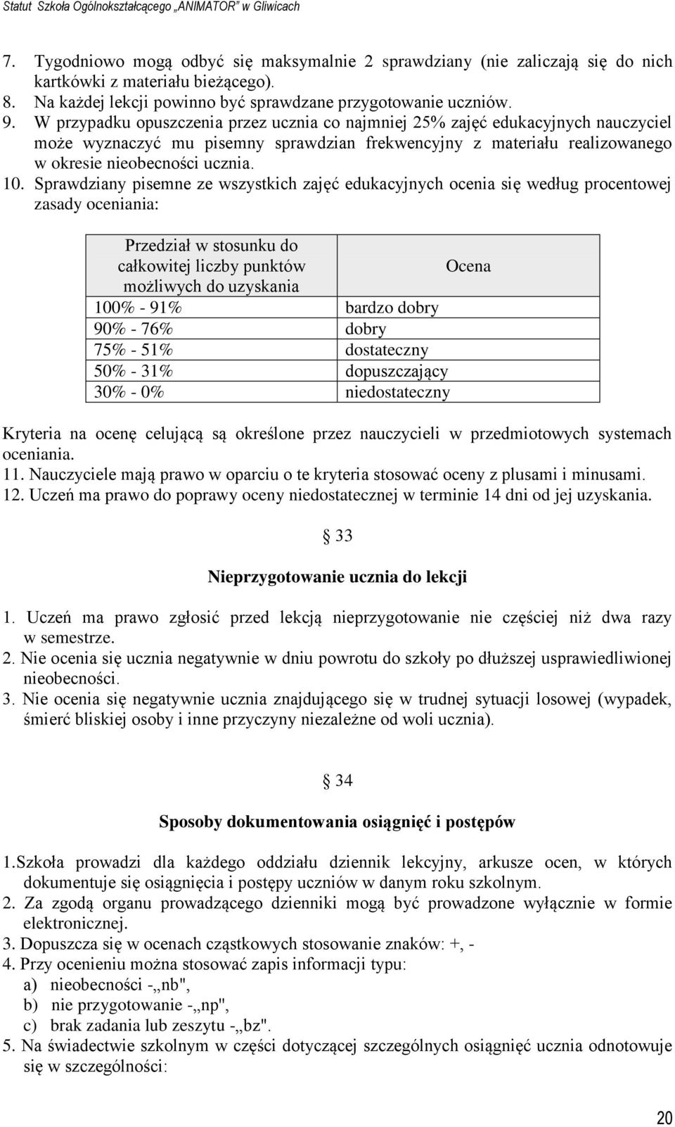 Sprawdziany pisemne ze wszystkich zajęć edukacyjnych ocenia się według procentowej zasady oceniania: Przedział w stosunku do całkowitej liczby punktów Ocena możliwych do uzyskania 100% - 91% bardzo