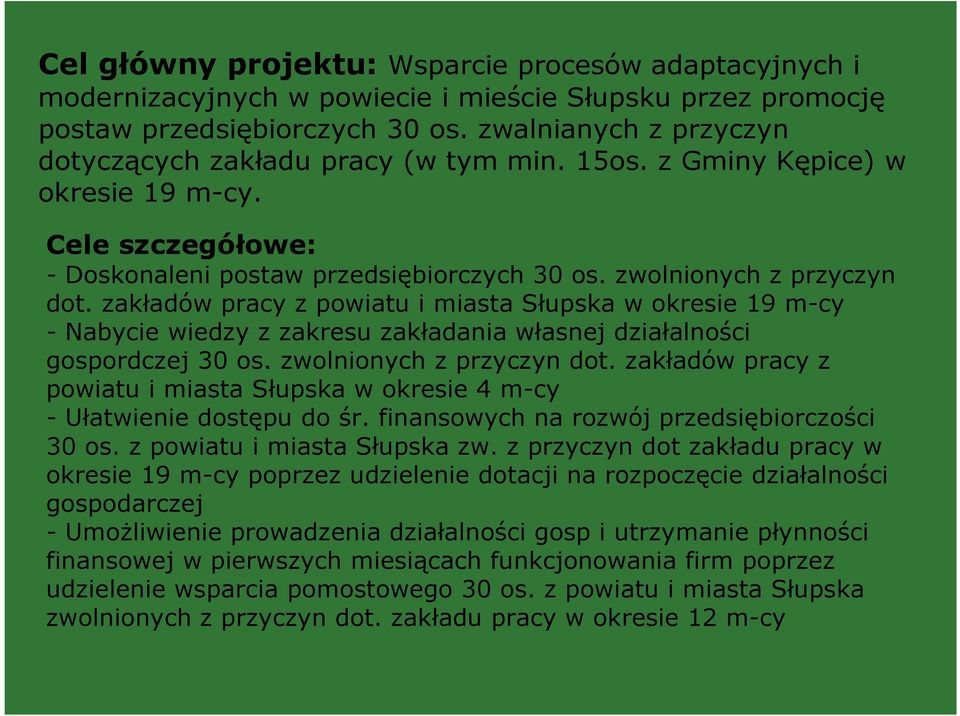 zakładów pracy z powiatu i miasta Słupska w okresie 19 m-cy - Nabycie wiedzy z zakresu zakładania własnej działalności gospordczej 30 os. zwolnionych z przyczyn dot.