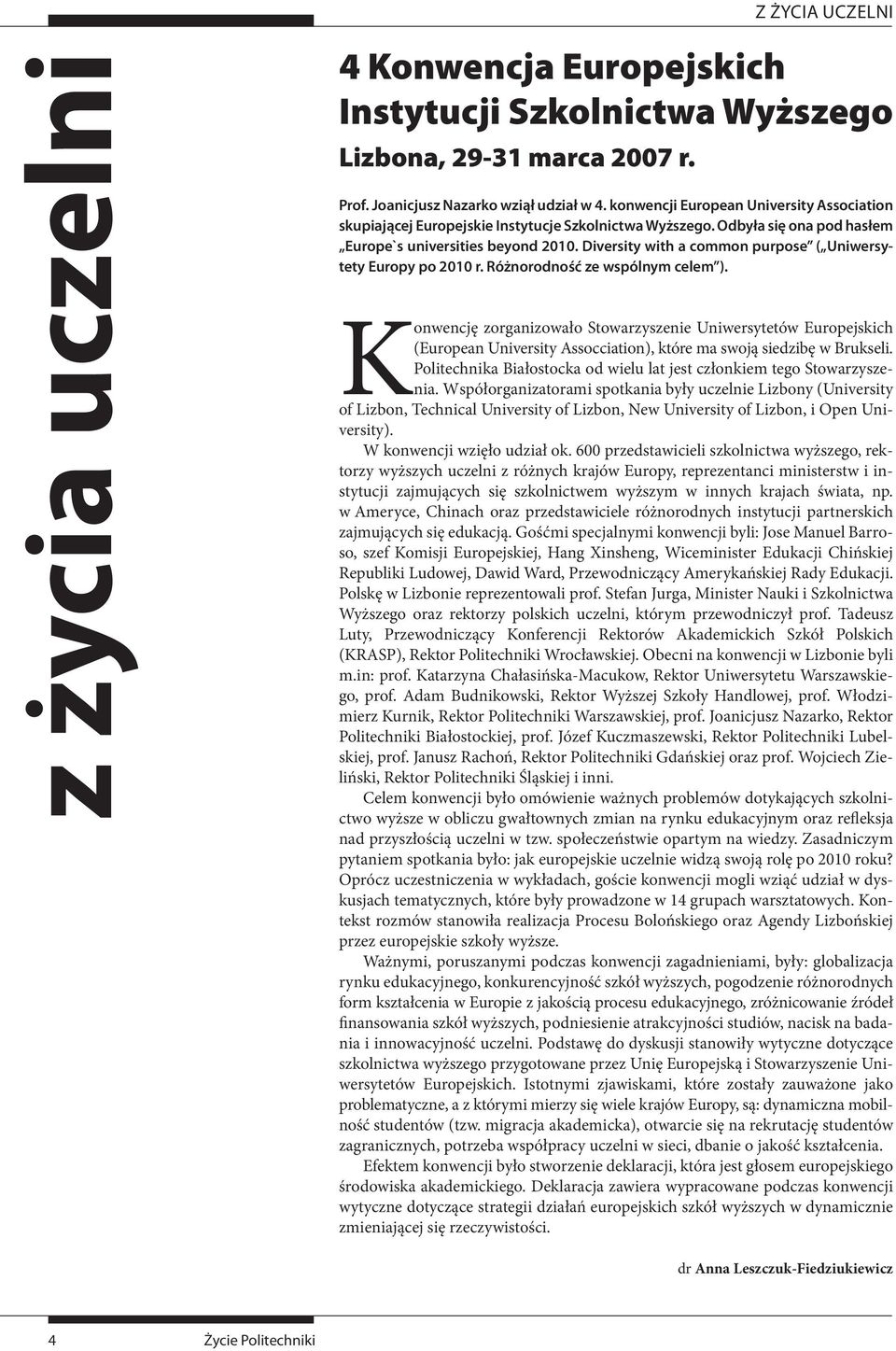 Diversity with a common purpose ( Uniwersytety Europy po 2010 r. Różnorodność ze wspólnym celem ).