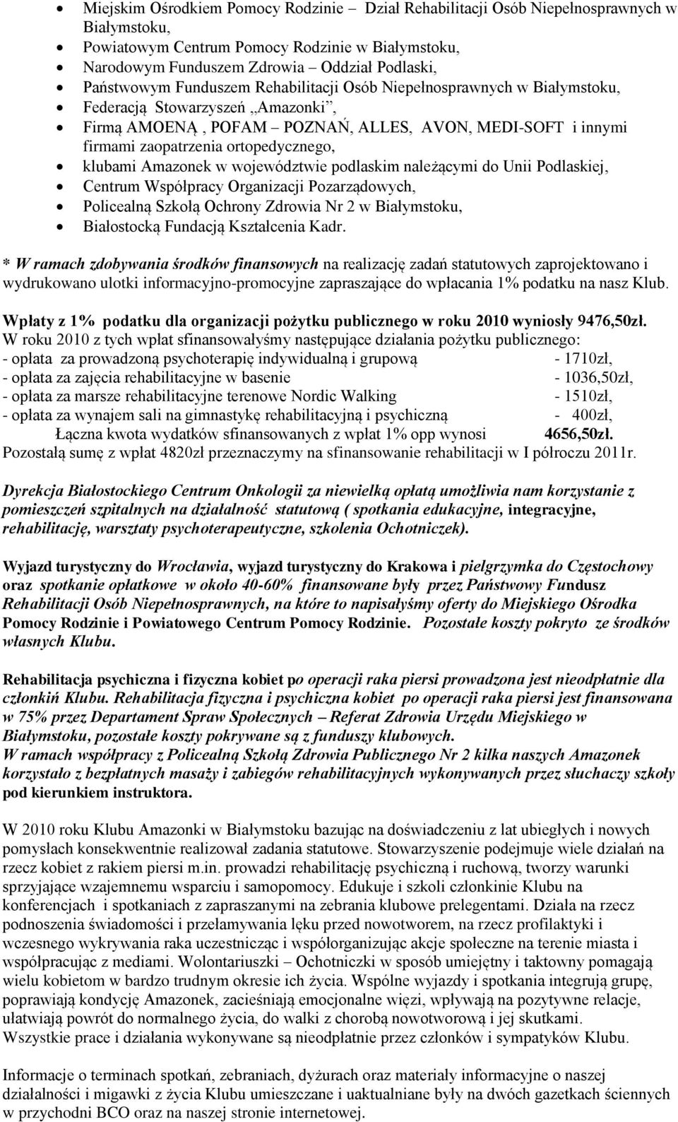 Amazonek w województwie podlaskim należącymi do Unii Podlaskiej, Centrum Współpracy Organizacji Pozarządowych, Policealną Szkołą Ochrony Zdrowia Nr 2 w Białymstoku, Białostocką Fundacją Kształcenia