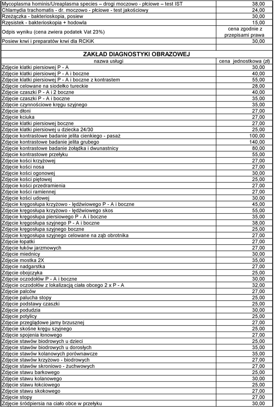 prawa Posiew krwi i preparatów krwi dla RCKiK 30,00 ZAKŁAD DIAGNOSTYKI OBRAZOWEJ Zdjęcie klatki piersiowej P - A 30,00 Zdjęcie klatki piersiowej P - A i boczne 40,00 Zdjęcie klatki piersiowej P - A i