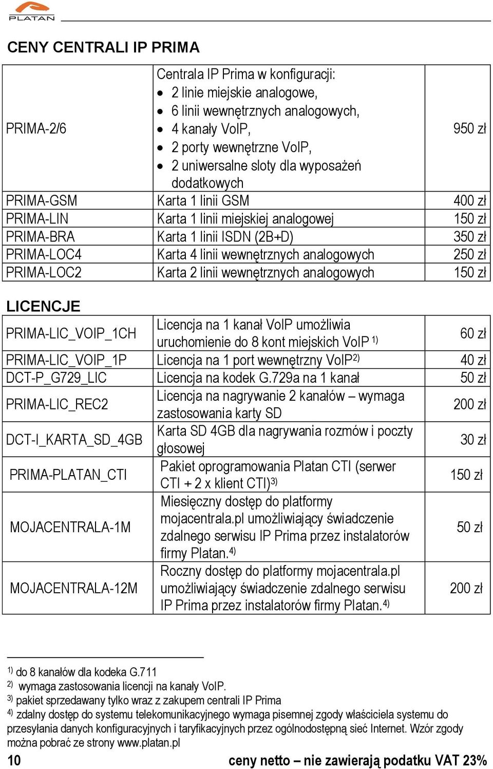 analogowych 250 zł PRIMA-LOC2 Karta 2 linii wewnętrznych analogowych 150 zł LICENCJE PRIMA-LIC_VOIP_1CH Licencja na 1 kanał VoIP umożliwia uruchomienie do 8 kont miejskich VoIP 1) 60 zł