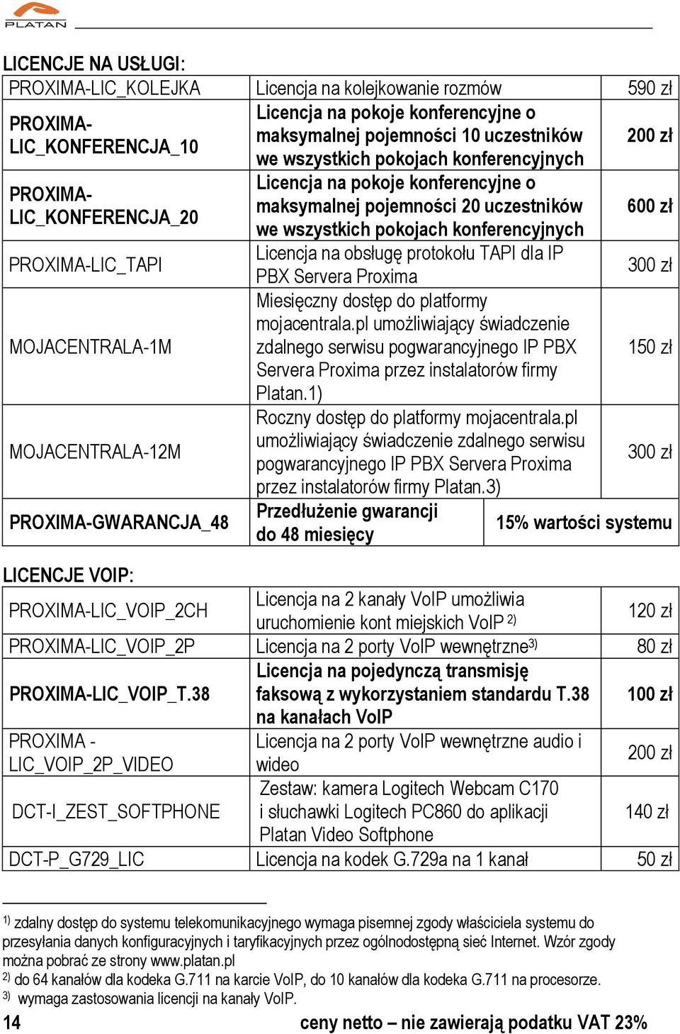 uczestników we wszystkich pokojach konferencyjnych Licencja na obsługę protokołu TAPI dla IP PBX Servera Proxima Miesięczny dostęp do platformy mojacentrala.