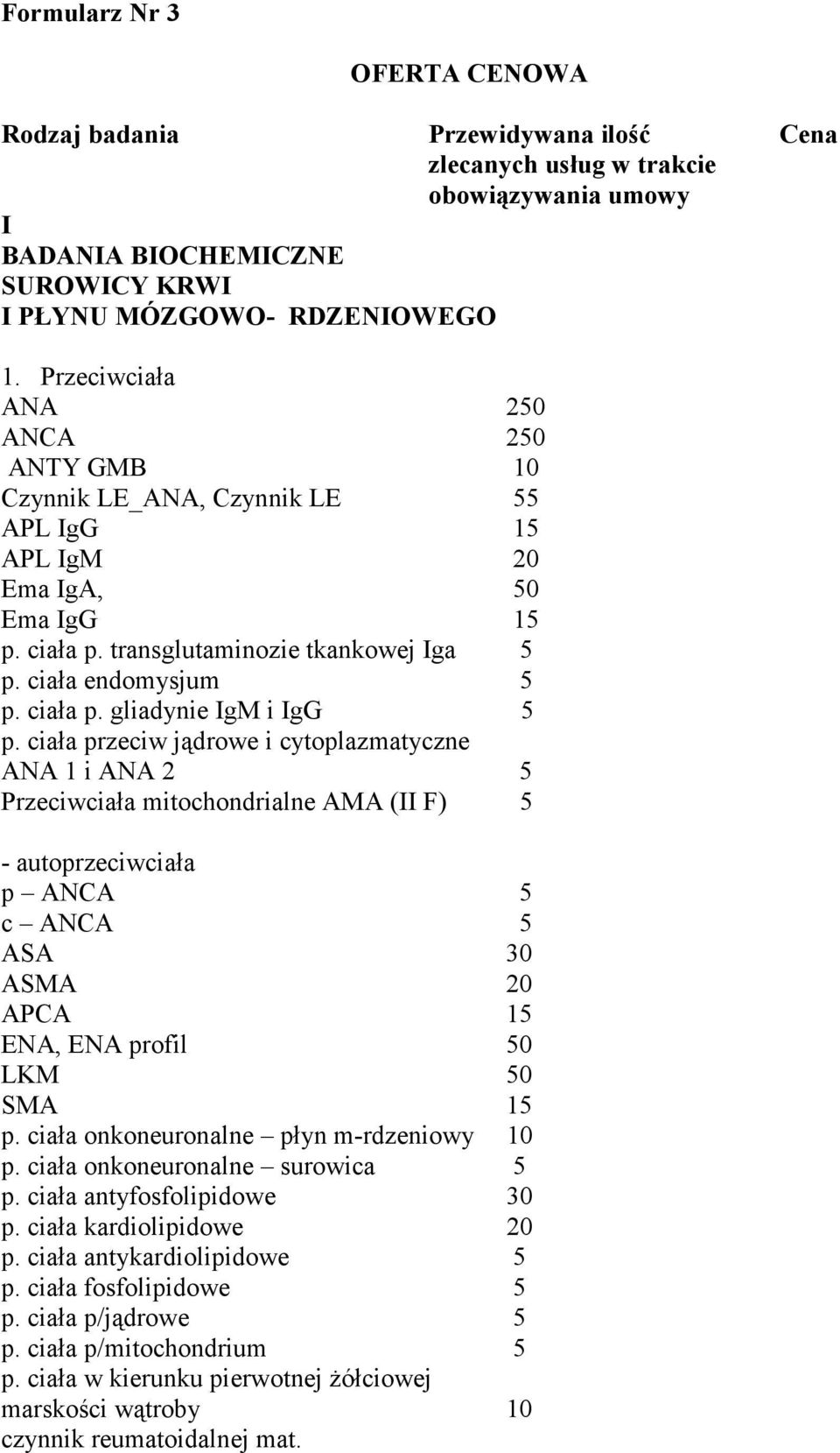 ciała przeciw jądrowe i cytoplazmatyczne ANA 1 i ANA 2 5 Przeciwciała mitochondrialne AMA (II F) 5 - autoprzeciwciała p ANCA 5 c ANCA 5 ASA 30 ASMA 20 APCA 15 ENA, ENA profil 50 LKM 50 SMA 15 p.