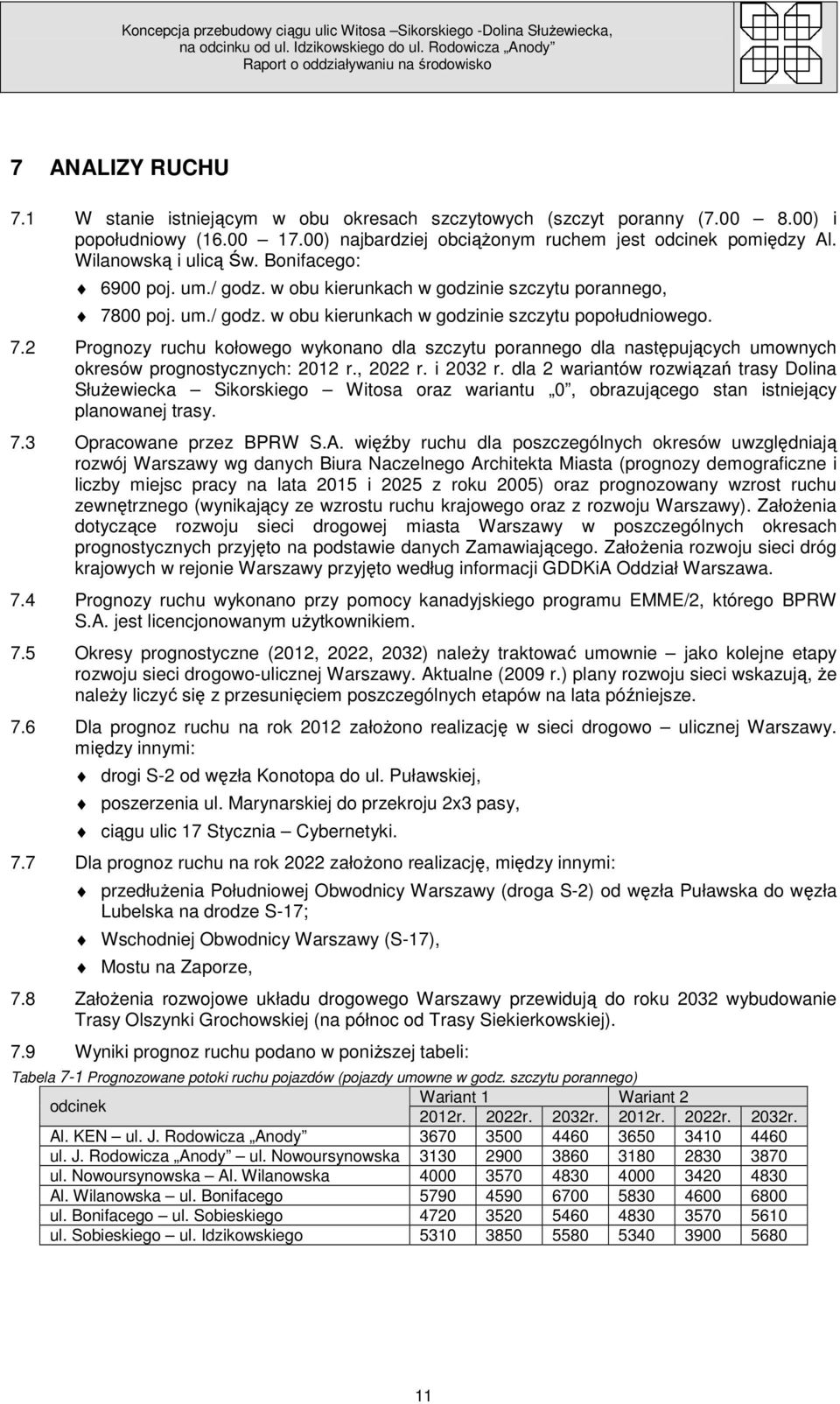 00 poj. um./ godz. w obu kierunkach w godzinie szczytu popołudniowego. 7.2 Prognozy ruchu kołowego wykonano dla szczytu porannego dla następujących umownych okresów prognostycznych: 2012 r., 2022 r.