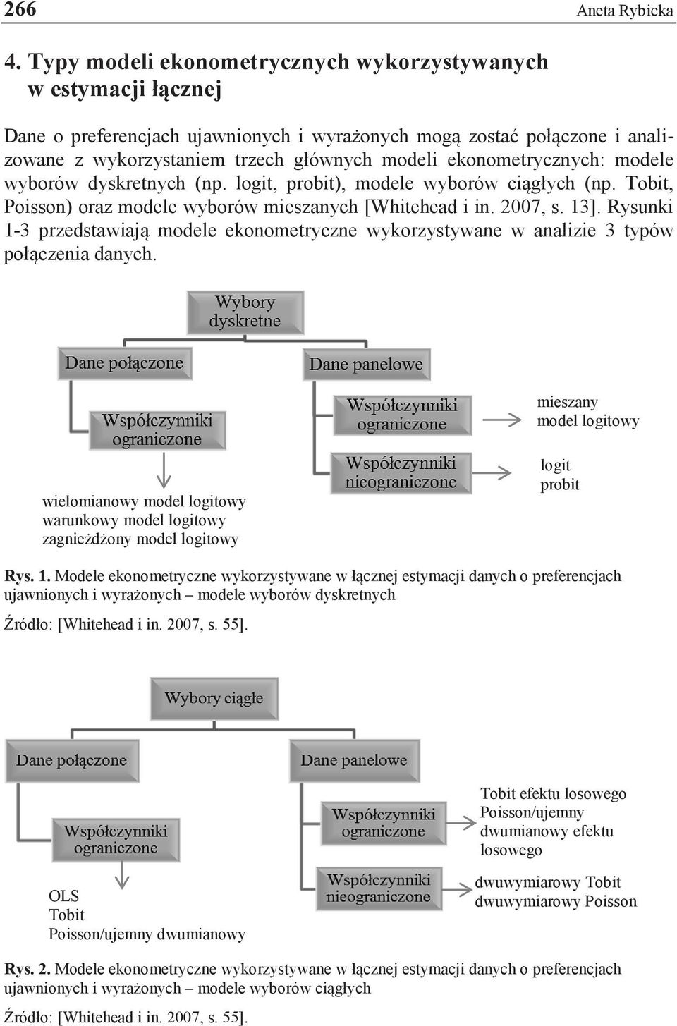 ekonometrycznych: modele wyborów dyskretnych (np. logit, probit), modele wyborów ciągłych (np. Tobit, Poisson) oraz modele wyborów mieszanych [Whitehead i in. 2007, s. 13].