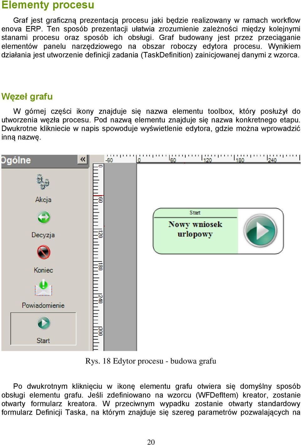 Graf budowany jest przez przeciąganie elementów panelu narzędziowego na obszar roboczy edytora procesu.