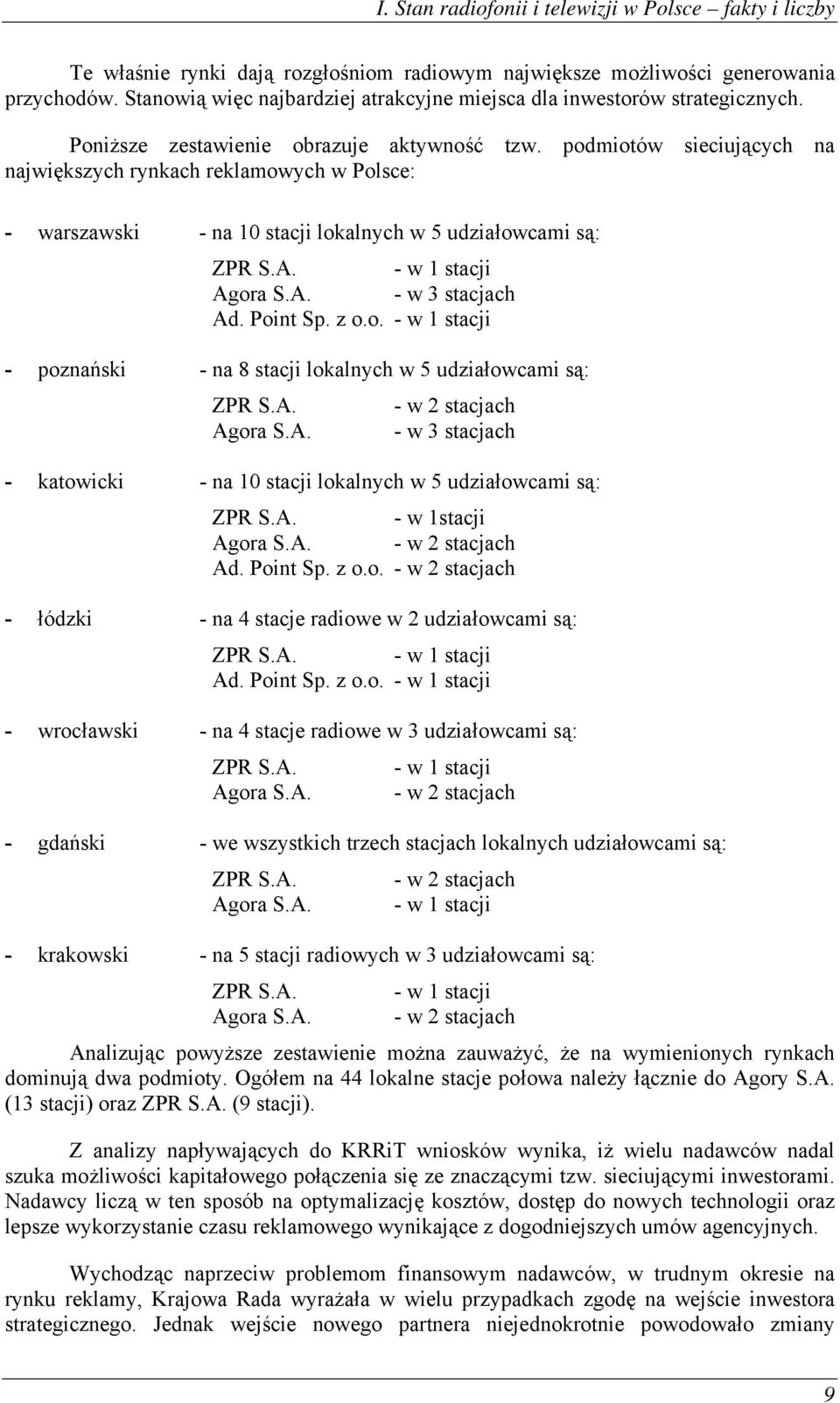 podmiotów sieciujących na największych rynkach reklamowych w Polsce: - warszawski - na 10 stacji lokalnych w 5 udziałowcami są: ZPR S.A. - w 1 stacji Agora S.A. - w 3 stacjach Ad. Point Sp. z o.o. - w 1 stacji - poznański - na 8 stacji lokalnych w 5 udziałowcami są: ZPR S.