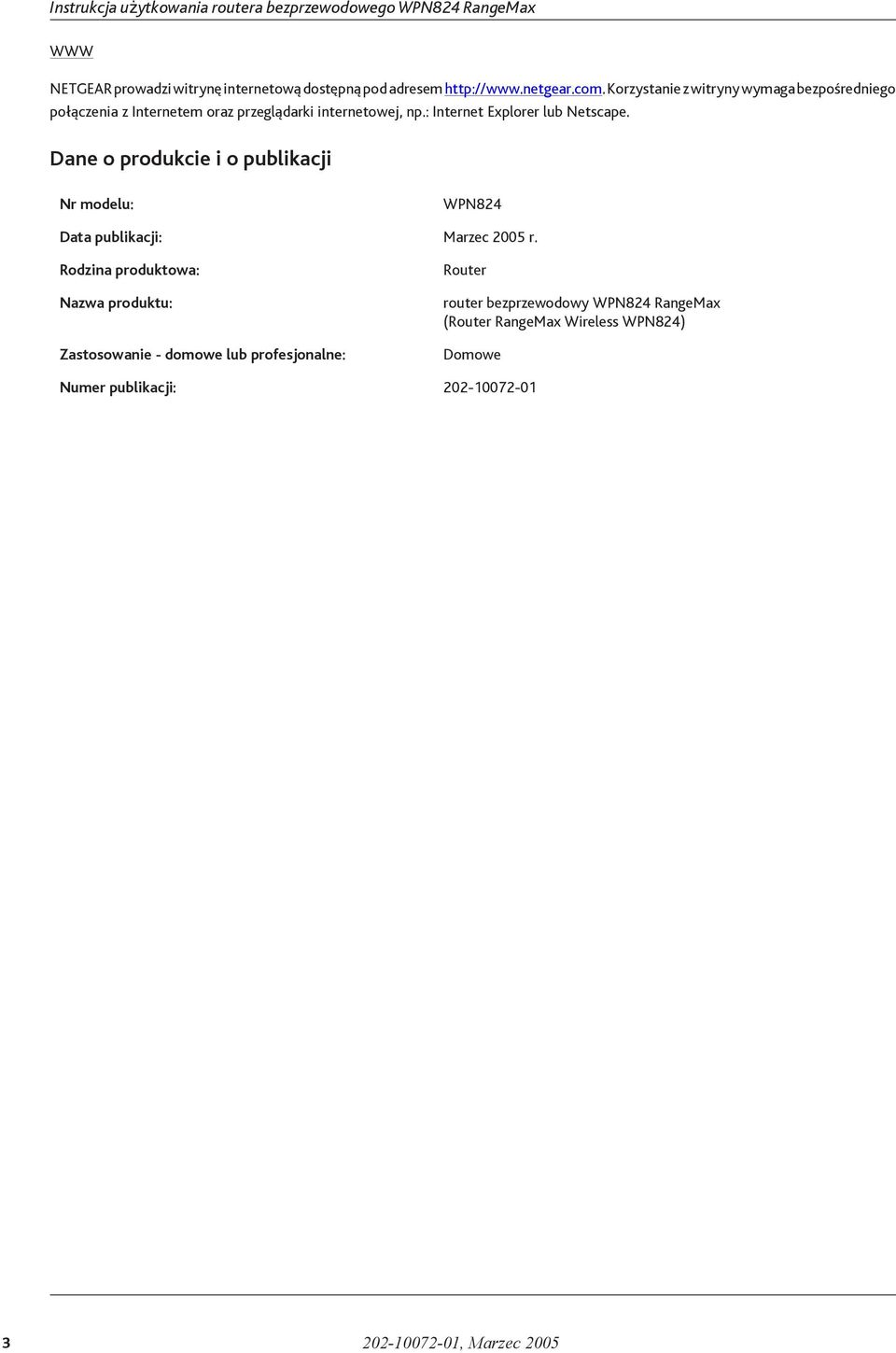 : Internet Explorer lub Netscape. Dane o produkcie i o publikacji Nr modelu: WPN824 Data publikacji: Marzec 2005 r.