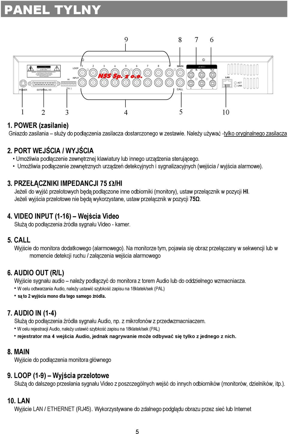 POWER (zasilanie) Gniazdo zasilania służy do podłączenia zasilacza dostarczonego w zestawie. Należy używać -tylko oryginalnego zasilacza 10 2.