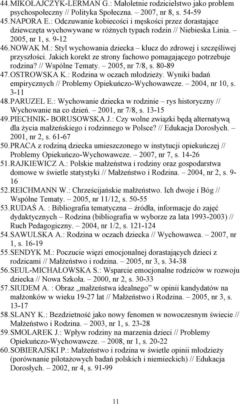 : Styl wychowania dziecka klucz do zdrowej i szczęśliwej przyszłości. Jakich korekt ze strony fachowo pomagającego potrzebuje rodzina? // Wspólne Tematy. 2005, nr 7/8, s. 80-89 47. OSTROWSKA K.