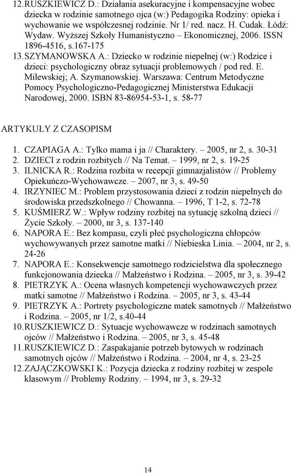 : Dziecko w rodzinie niepełnej (w:) Rodzice i dzieci: psychologiczny obraz sytuacji problemowych / pod red. E. Milewskiej; A. Szymanowskiej.