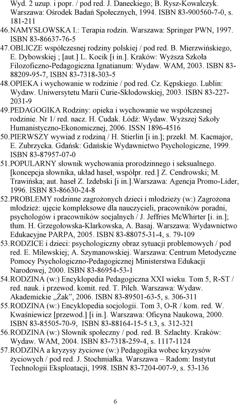 L. Kocik [i in.]. Kraków: Wyższa Szkoła Filozoficzno-Pedagogiczna Ignatianum: Wydaw. WAM, 2003. ISBN 83-88209-95-7, ISBN 83-7318-303-5 48. OPIEKA i wychowanie w rodzinie / pod red. Cz. Kępskiego.