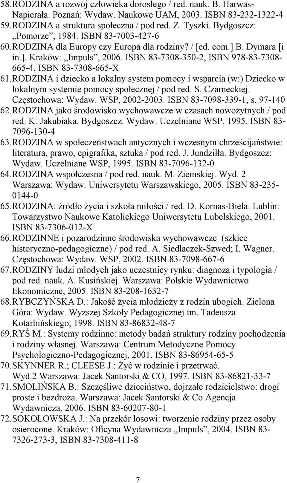 ISBN 83-7308-350-2, ISBN 978-83-7308-665-4, ISBN 83-7308-665-X 61. RODZINA i dziecko a lokalny system pomocy i wsparcia (w:) Dziecko w lokalnym systemie pomocy społecznej / pod red. S. Czarneckiej.