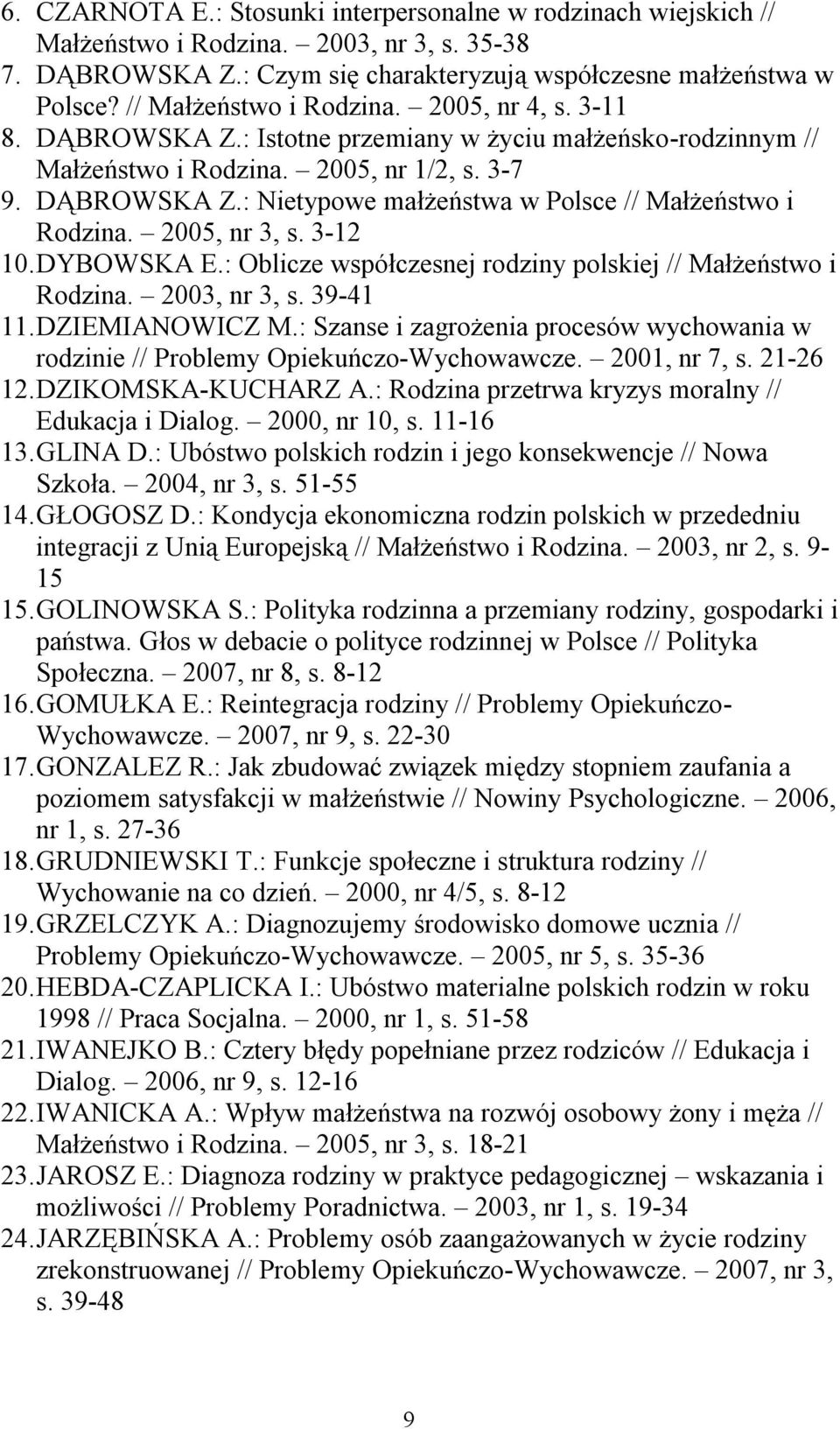 2005, nr 3, s. 3-12 10. DYBOWSKA E.: Oblicze współczesnej rodziny polskiej // Małżeństwo i Rodzina. 2003, nr 3, s. 39-41 11. DZIEMIANOWICZ M.