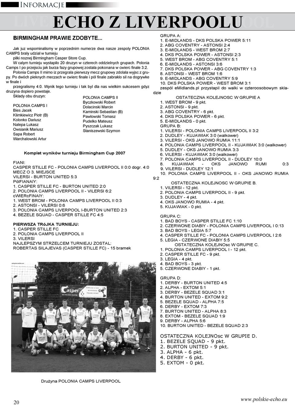 W calym turnieju wystapilo 20 druzyn w czterech oddzielnych grupach. Polonia Camps I po przejsciu jak burza fazy grupowej zostala pokonana w cwierc finale 3:2.