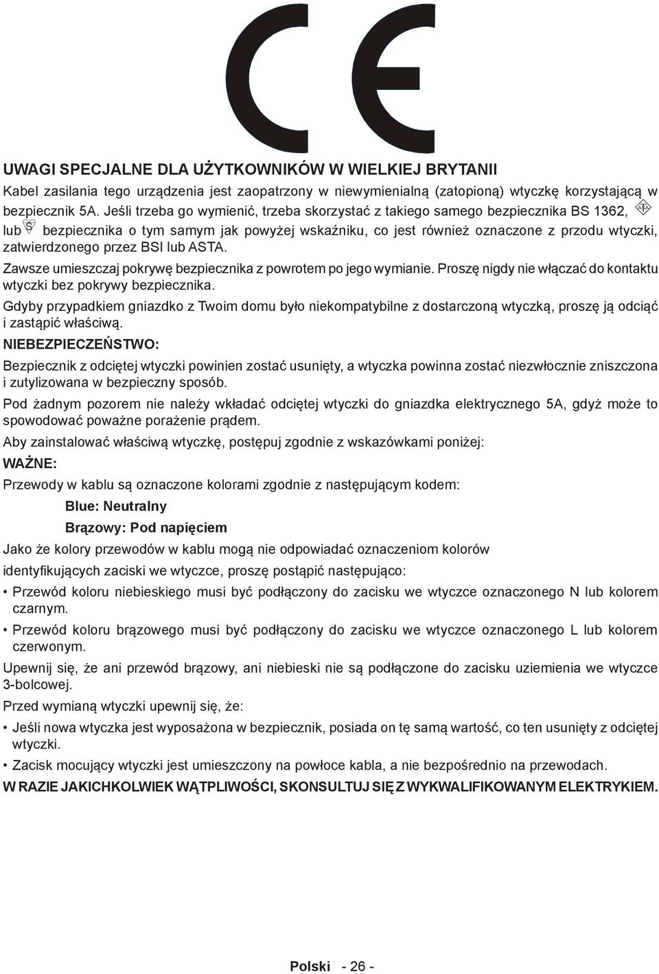 BSI lub ASTA. Zawsze umieszczaj pokrywę bezpiecznika z powrotem po jego wymianie. Proszę nigdy nie włączać do kontaktu wtyczki bez pokrywy bezpiecznika.