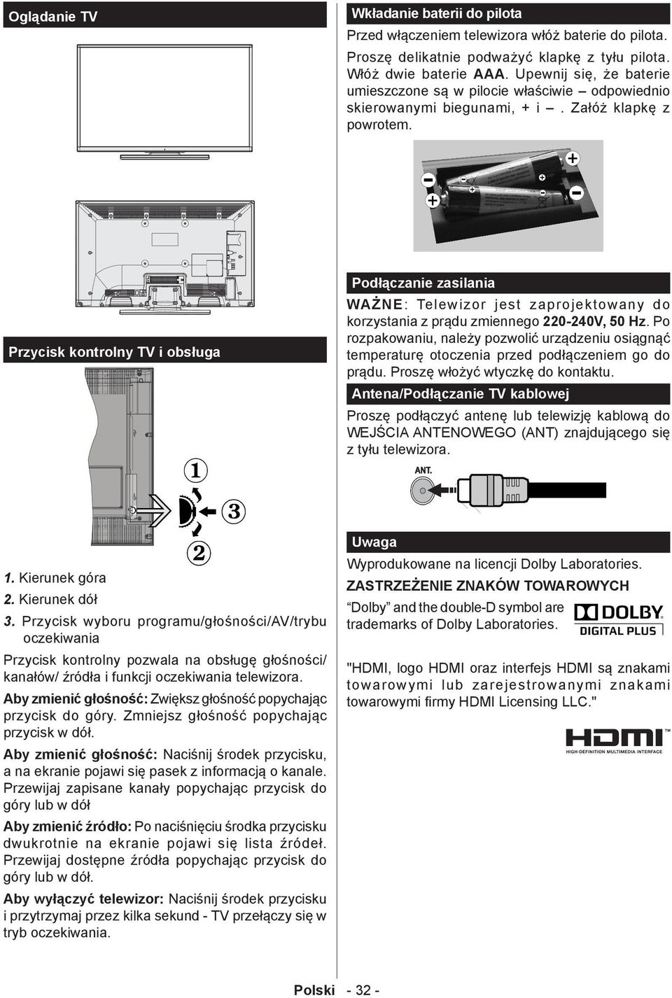 Przycisk kontrolny TV i obsługa Podłączanie zasilania WAŻNE: Telewizor jest zaprojektowany do korzystania z prądu zmiennego 220-240V, 50 Hz.