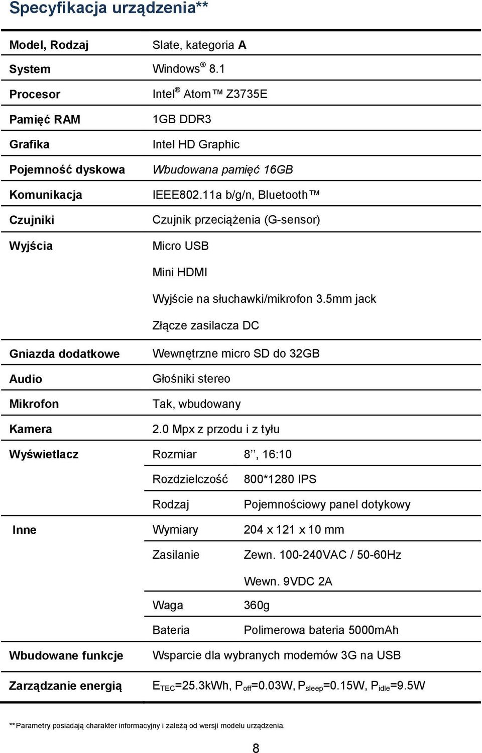 11a b/g/n, Bluetooth Czujnik przeciążenia (G-sensor) Micro USB Mini HDMI Wyjście na słuchawki/mikrofon 3.