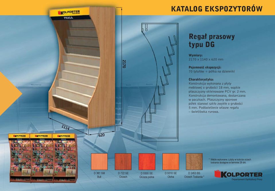 Płaszczyzny oporowe półek stanowi szkło zwykłe o grubości 5 mm. Podświetlenie własne regału świetlówka rurowa.