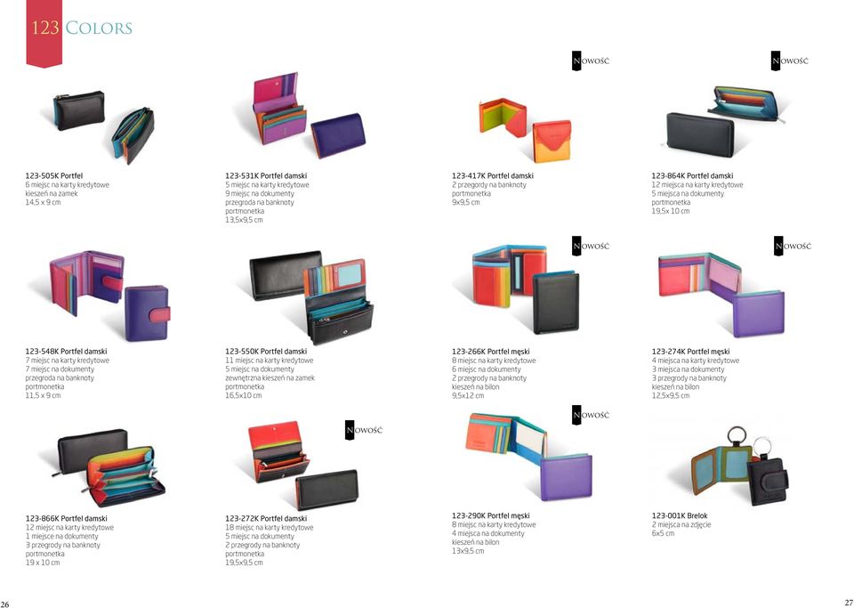 miejsc na karty kredytowe zewnętrzna 16,5x10 cm 123-266K Portfel męski 6 miejsc na dokumenty 9,5x12 cm 123-274K Portfel męski 3 przegrody na banknoty 12,5x9,5 cm 123-866K Portfel damski 12