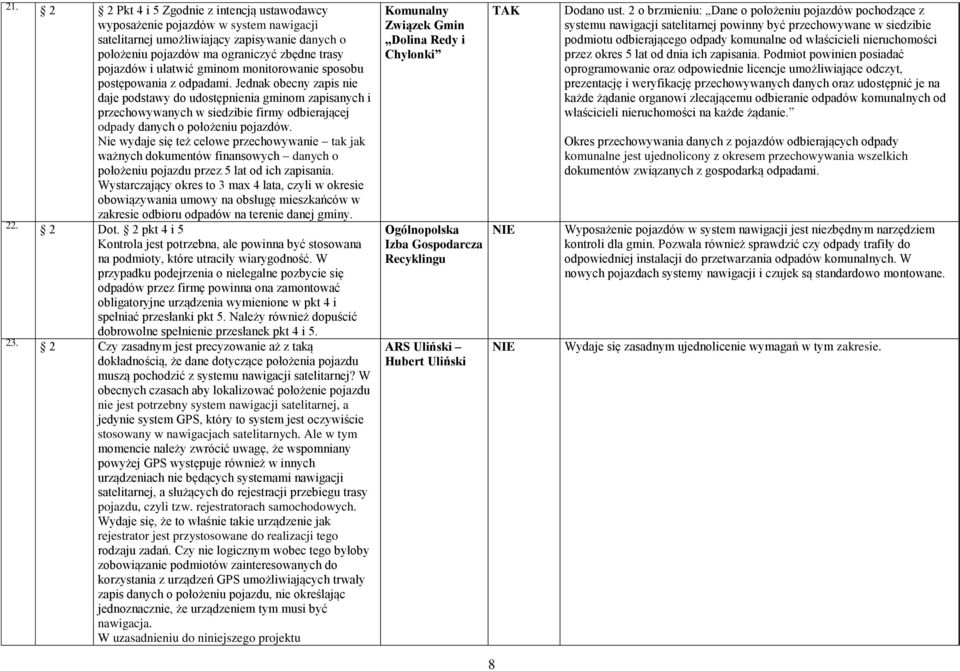 Jednak obecny zapis nie daje podstawy do udostępnienia gminom zapisanych i przechowywanych w siedzibie firmy odbierającej odpady danych o położeniu pojazdów.