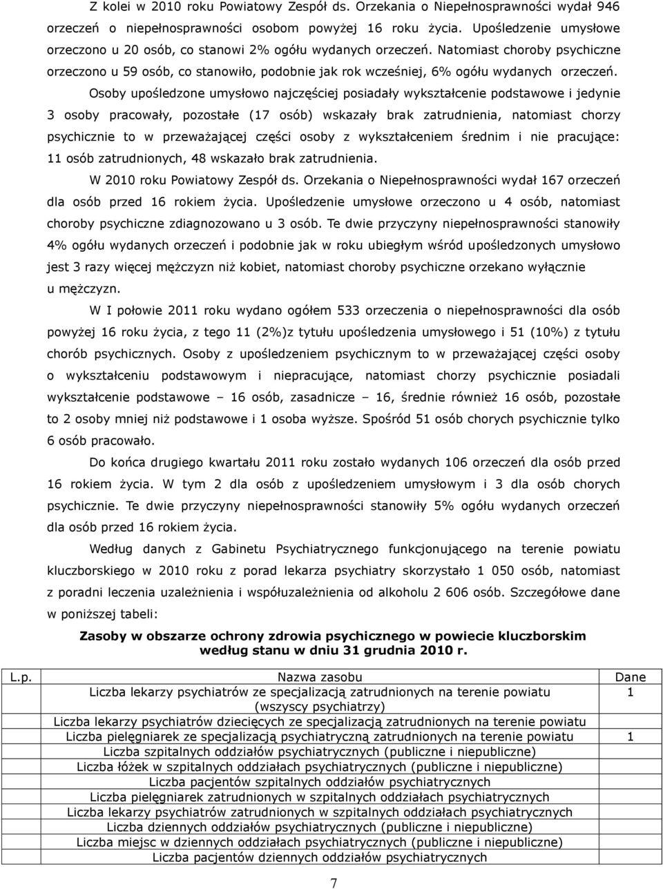 Natomiast choroby psychiczne orzeczono u 59 osób, co stanowiło, podobnie jak rok wcześniej, 6% ogółu wydanych orzeczeń.