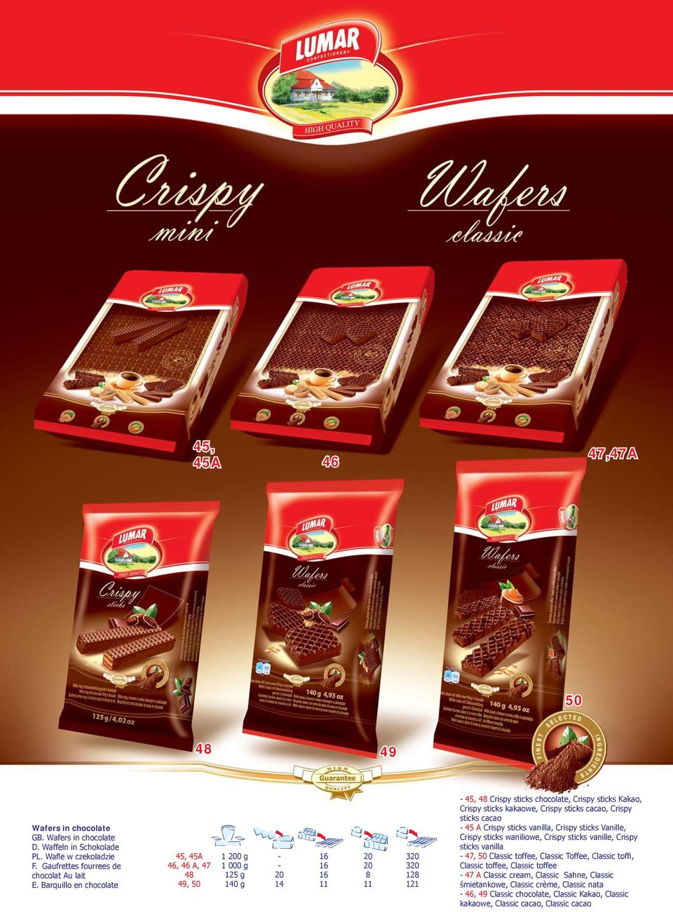 kakaowe, Crispy sticks cacao, Crispy sticks cacao - 45 A Crispy sticks vanilla, Crispy sticks Vanille, Crispy sticks waniliowe, Crispy sticks vanille, Crispy sticks vanilla - 47, 50 Classic toffee,