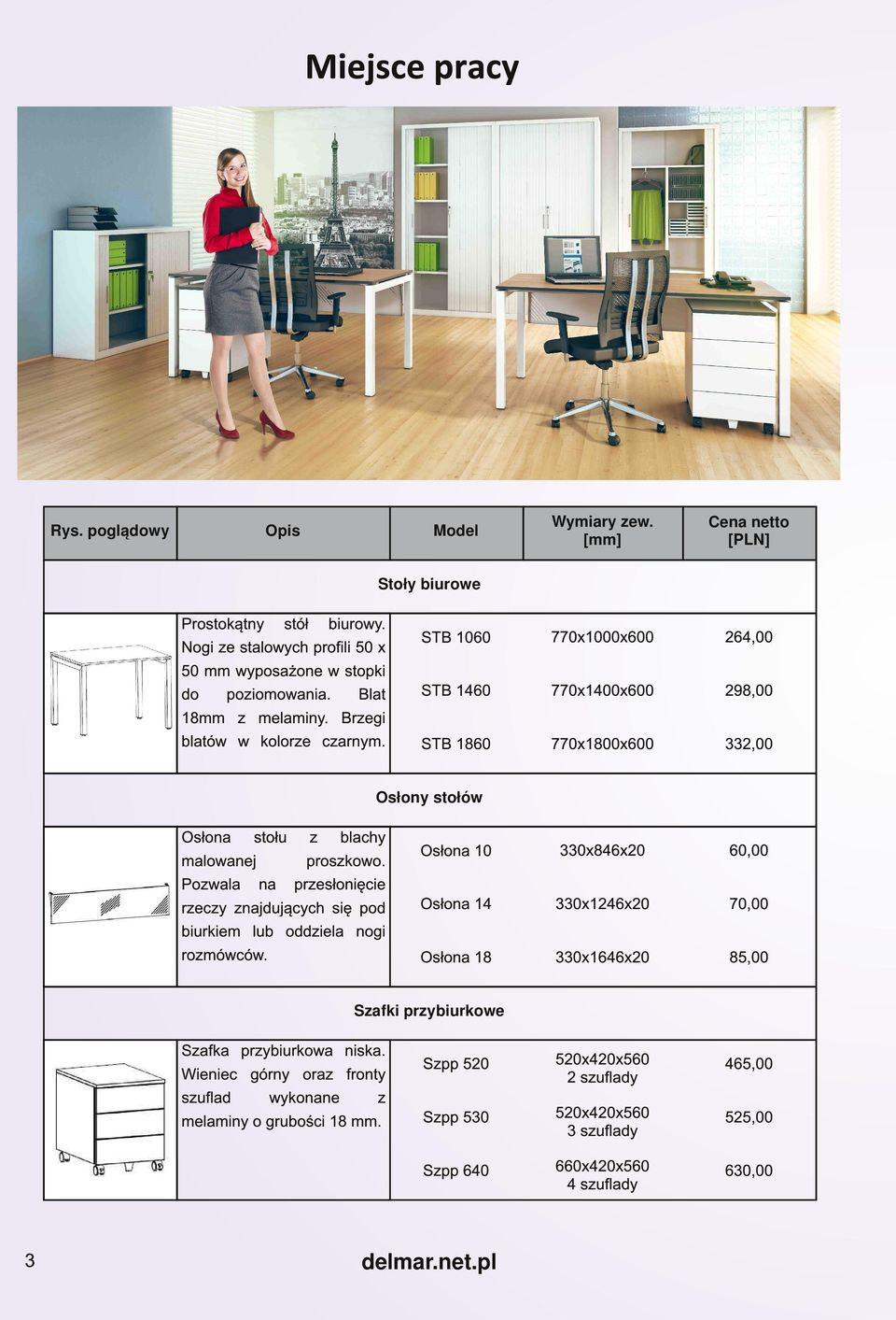 Nogi ze stalowych profili 50 x 50 mm wyposażone w stopki do poziomowania. Blat 1 8mm z melaminy. Brzegi blatów w kolorze czarnym. Osłony stołów Osłona stołu z blachy malowanej proszkowo.