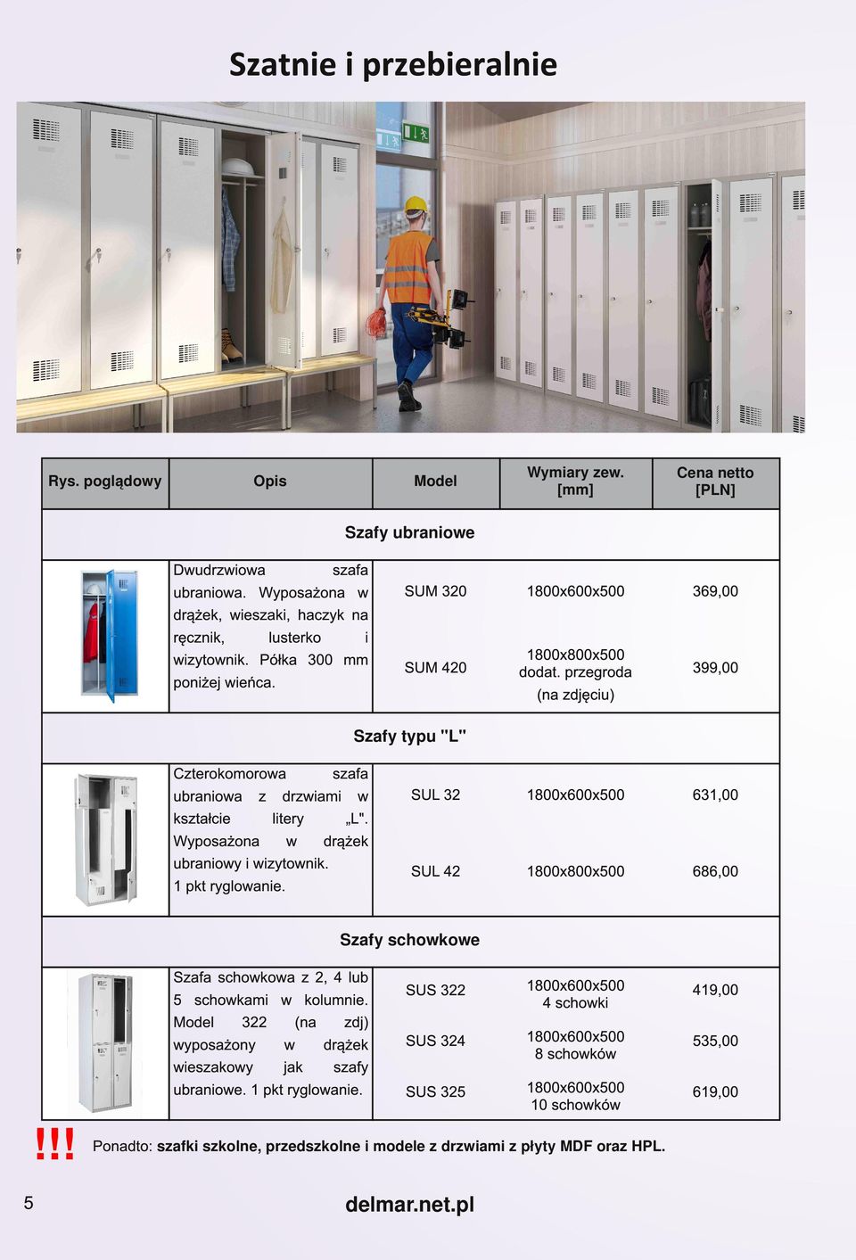 schowków 61 9,00 Opis Szafy ubraniowe Dwudrzwiowa szafa ubraniowa. Wyposażona w drążek, wieszaki, haczyk na ręcznik, lusterko i wizytownik. Półka 300 mm poniżej wieńca.