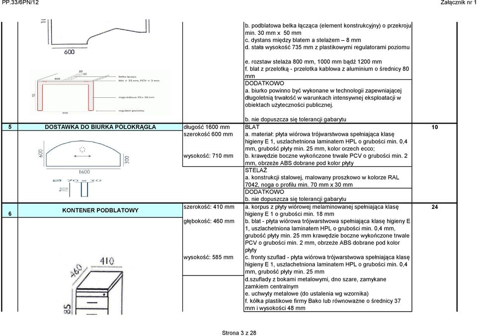 biurko powinno być wykonane w technologii zapewniającej obiektach użyteczności publicznej. 5 DOSTAWKA DO BIURKA PÓŁOKRĄGŁA długość 1600 mm BLAT szerokość 600 mm a.