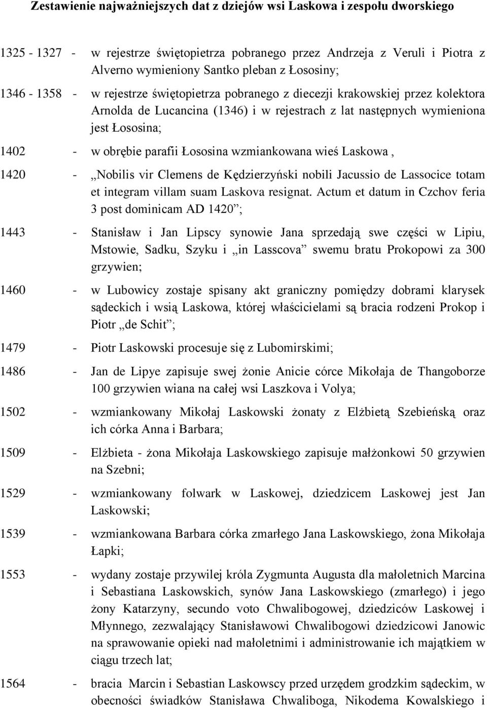 parafii Łososina wzmiankowana wieś Laskowa, 1420 - Nobilis vir Clemens de Kędzierzyński nobili Jacussio de Lassocice totam et integram villam suam Laskova resignat.