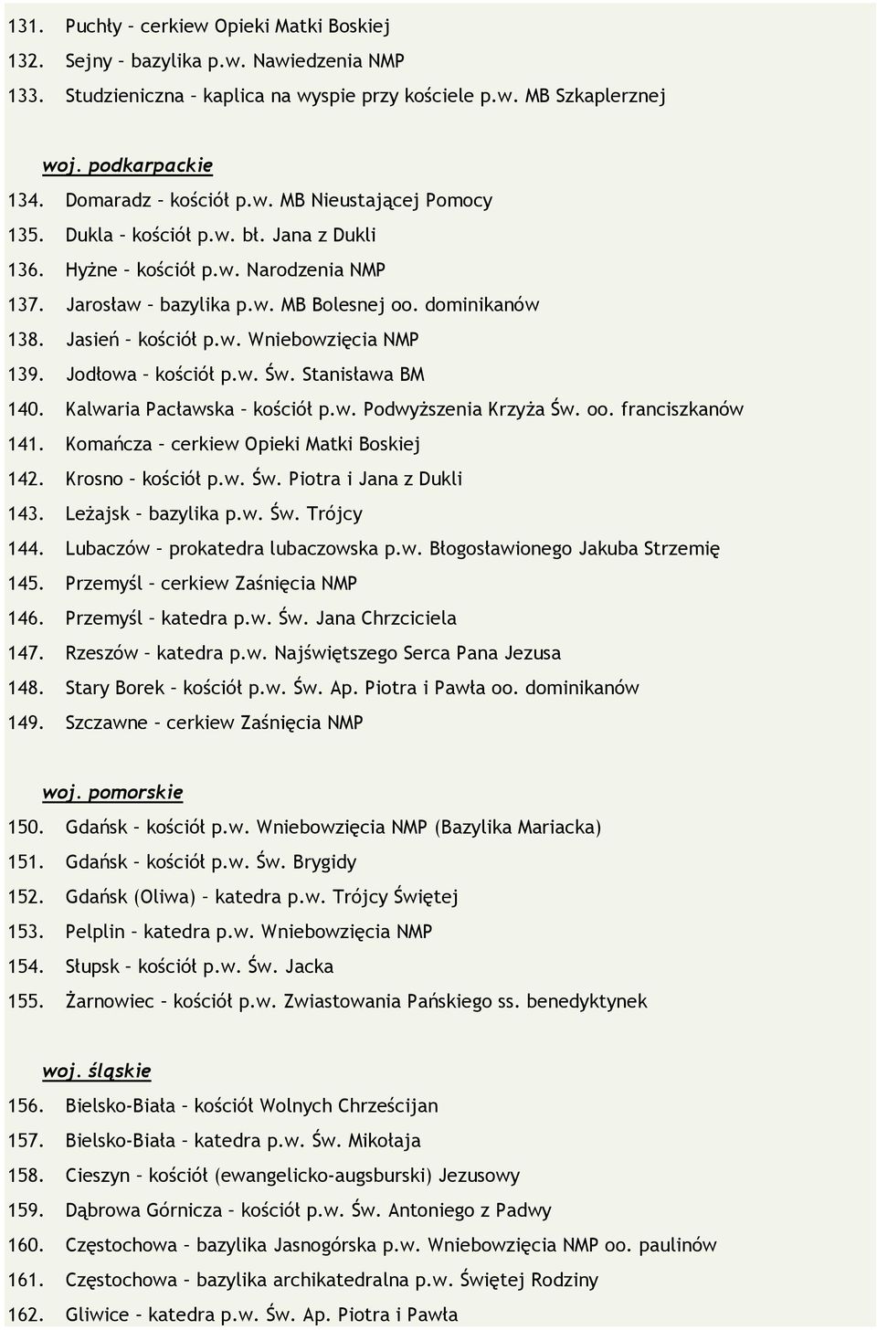 Stanisława BM 140. Kalwaria Pacławska kościół p.w. Podwyższenia Krzyża Św. oo. franciszkanów 141. Komańcza cerkiew Opieki Matki Boskiej 142. Krosno kościół p.w. Św. Piotra i Jana z Dukli 143.