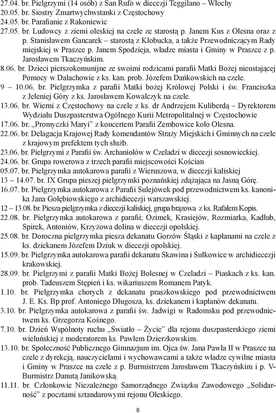 8.06. br. Dzieci pierszokomunijne ze swoimi rodzicami parafii Matki Bożej nieustającej Pomocy w Dalachowie z ks. kan. prob. Józefem Dańkowskich na czele. 9 10.06. br. Pielgrzymka z parafii Matki bożej Królowej Polski i św.