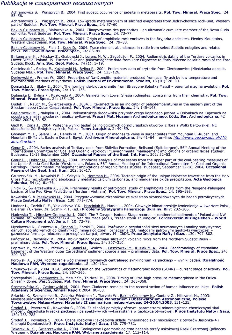 Bakun-Czubarow N., Białowolska A., 2004. Origin of amphibole rock enclaves in the Bryjarka andesites, Pieniny Mountains, Western Carpathians. Pol. Tow. Mineral. Prace Spec., 24: 79 83.