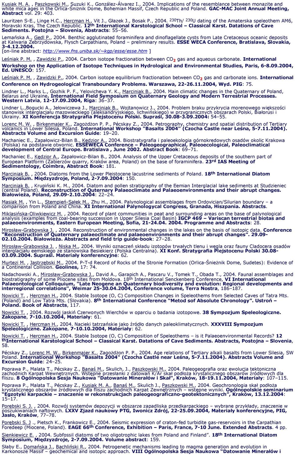 Lauritzen S-E., Linge H.C., Hercman H., Vit J., Głazek J., Bosak P., 2004. 230 Th/ 230 U dating of the Amaterska speleothem AM6, Moravski Kras, The Czech Republic.