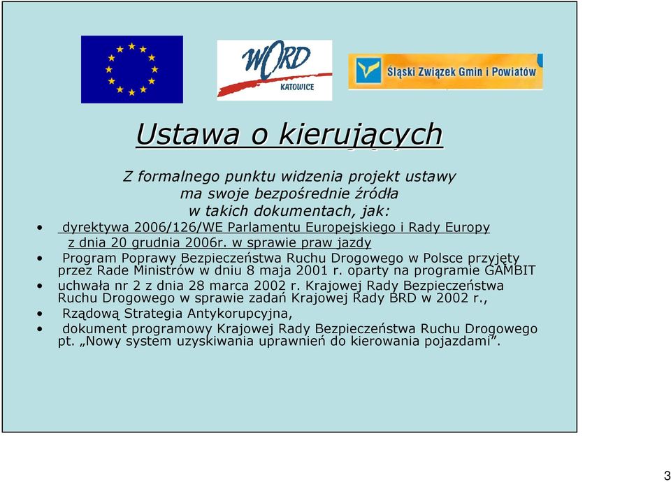 w sprawie praw jazdy Program Poprawy Bezpieczeństwa Ruchu Drogowego w Polsce przyjęty przez Rade Ministrów w dniu 8 maja 2001 r.