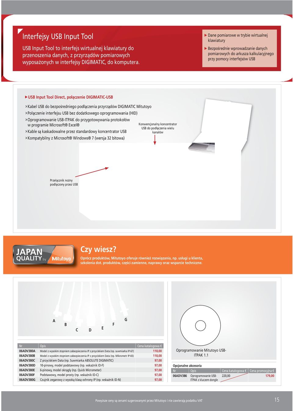 Bezpośrednie wprowadzanie danych pomiarowych do arkusza kalkulacyjnego przy pomocy interfejsów USB USB Input Tool Direct, połączenie DIGIMATIC-USB Kabel USB do bezpośredniego podłączenia przyrządów