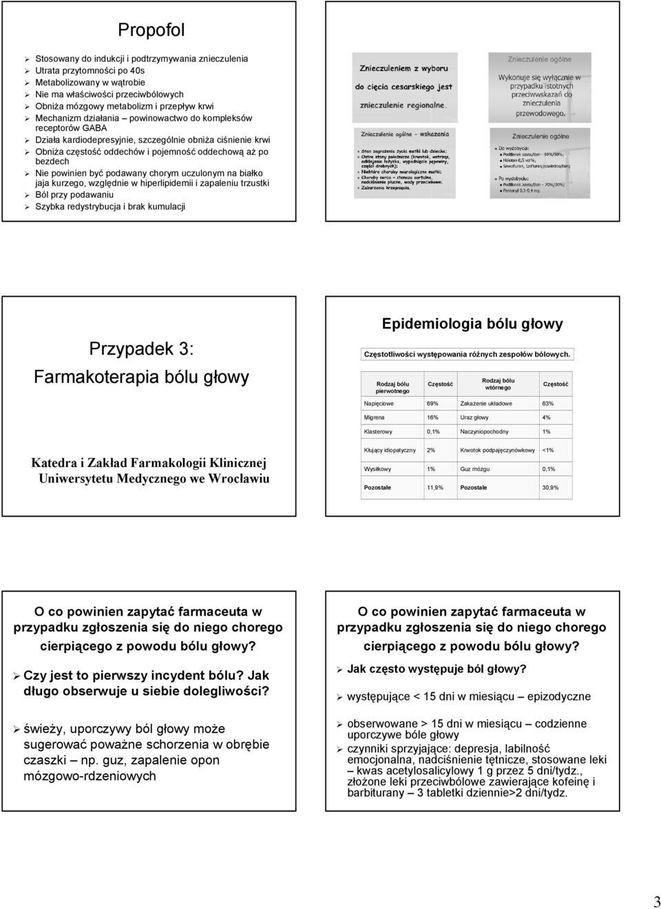 podawany chorym uczulonym na białko jaja kurzego, względnie w hiperlipidemii i zapaleniu trzustki ól przy podawaniu Szybka redystrybucja i brak kumulacji Przypadek 3: Farmakoterapia bólu głowy