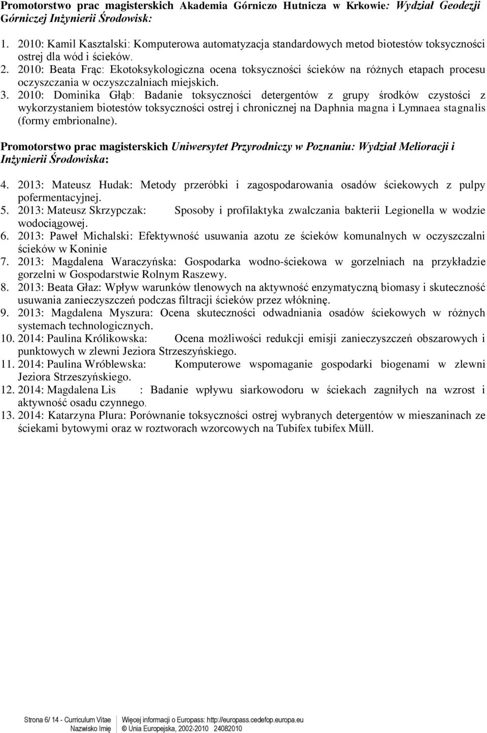 2010: Beata Frąc: Ekotoksykologiczna ocena toksyczności ścieków na różnych etapach procesu oczyszczania w oczyszczalniach miejskich. 3.